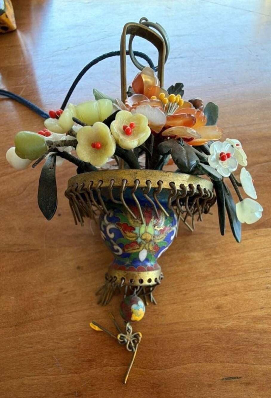 Vintage Chinese Cloisonne Enamel Basket with Carved Jade and Quartz Semi-Preciou